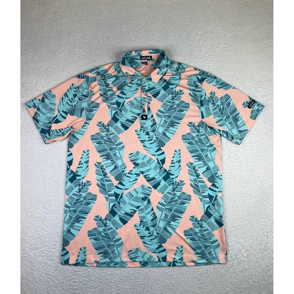 Bad Birdie Polo Shirt Mens XL Peach Palm Leaf Print Golf Performance Stretch